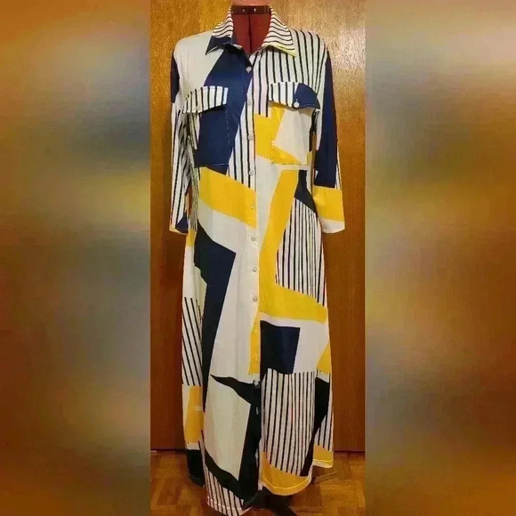 NWOT Sucrefas | Button Front Maxi Dress with Geomatric Print, Ptp 22'' - Picture 3 of 11